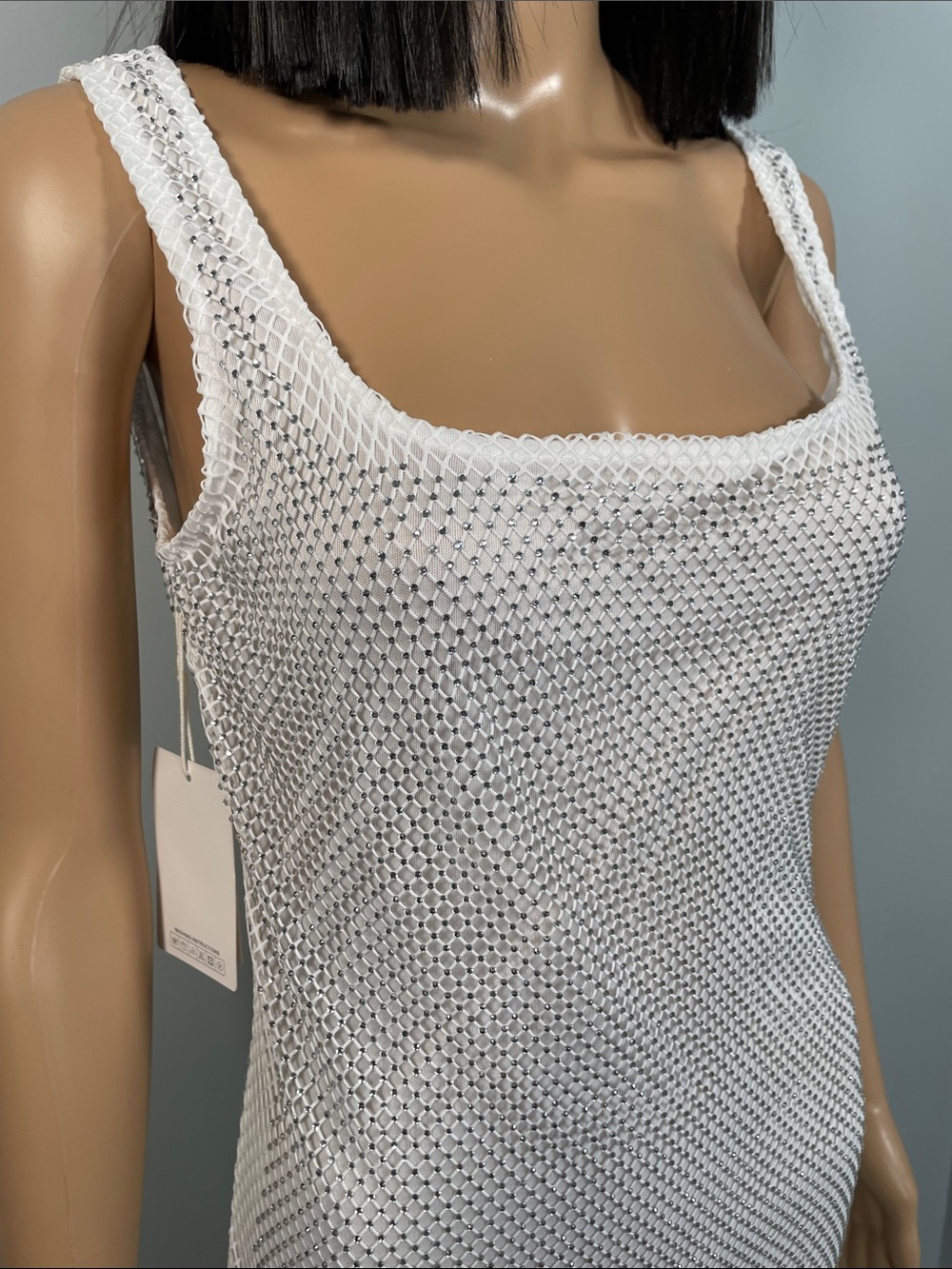 White Mesh Rhinestone Maxi Dress with Scoop Neck